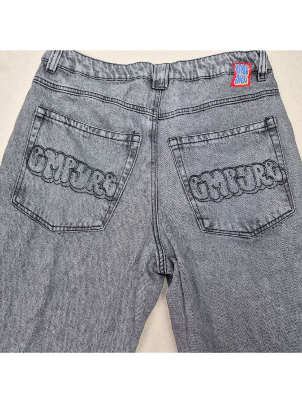 Empyre Men's Gray Embroidered Gray Baggy Wide Leg Jeans Y2K VTG Sz 32/26 - Picture 4 of 7